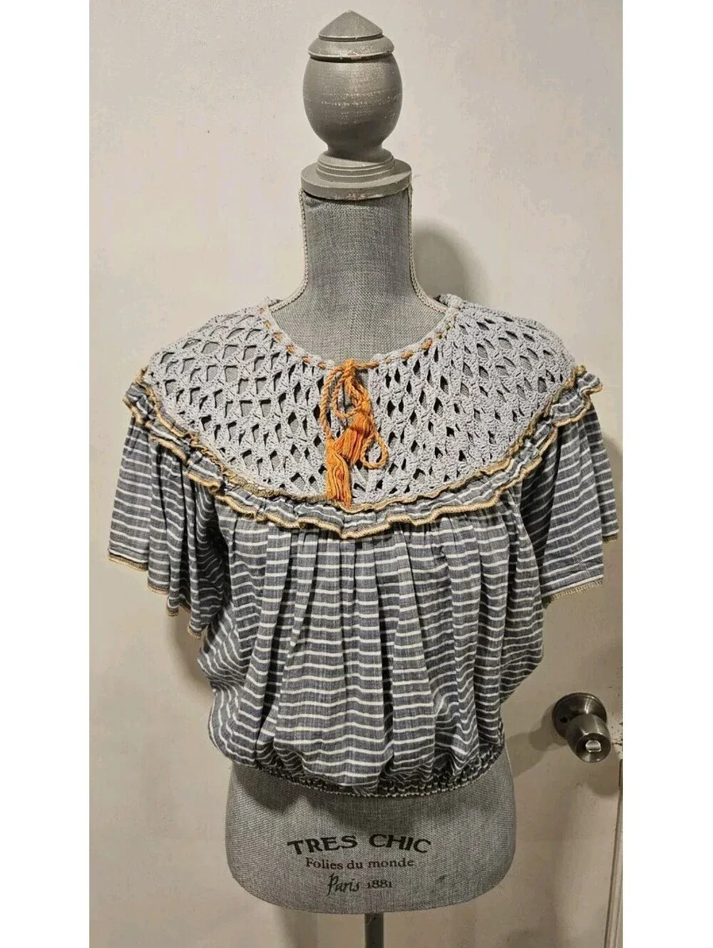 Free People Medium Allora Blue Striped Ruffle Sleeve Crochet Cropped Shirt